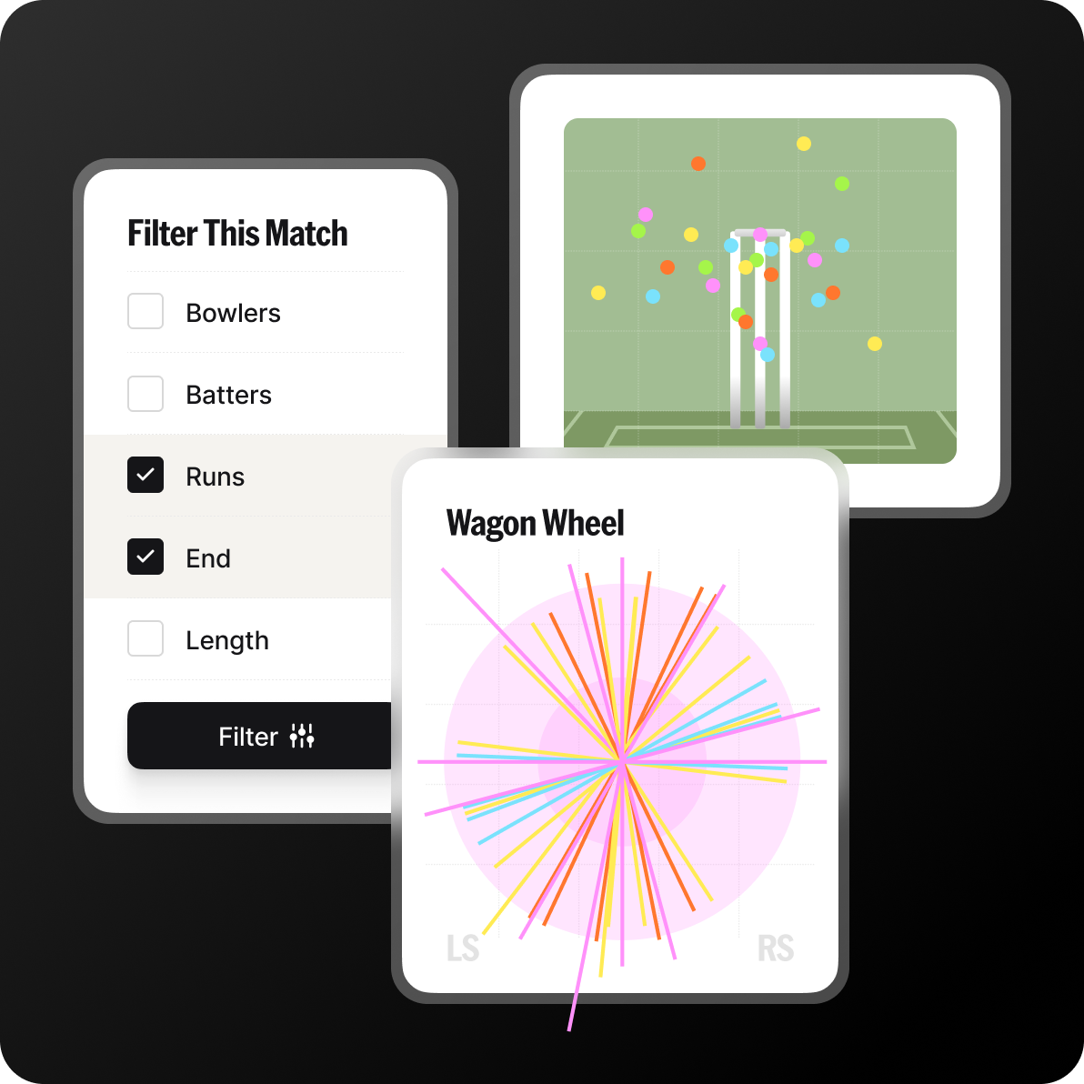 Simplified NV Play UI with matches filtered to show a wagon wheel and pitch map