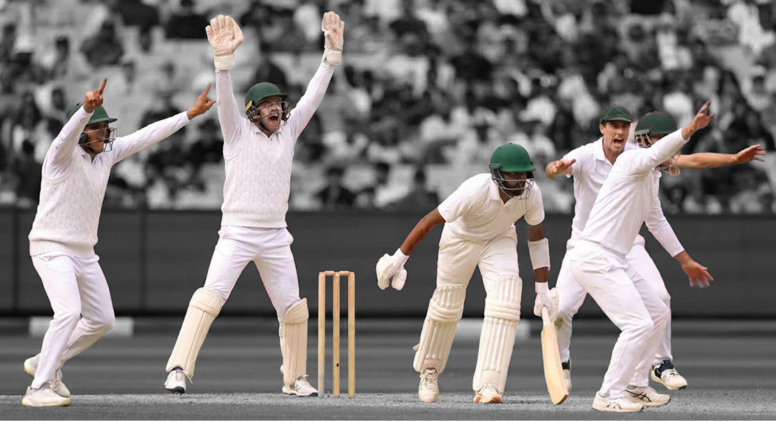 Recreational cricket players in whites celebrating in a crowded match