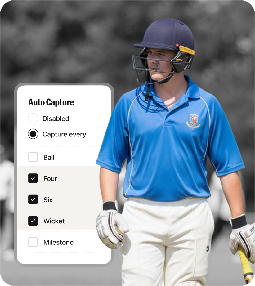 NV Play's auto-capture feature capturing fours, sixes and wickets with club cricketer in blue uniform