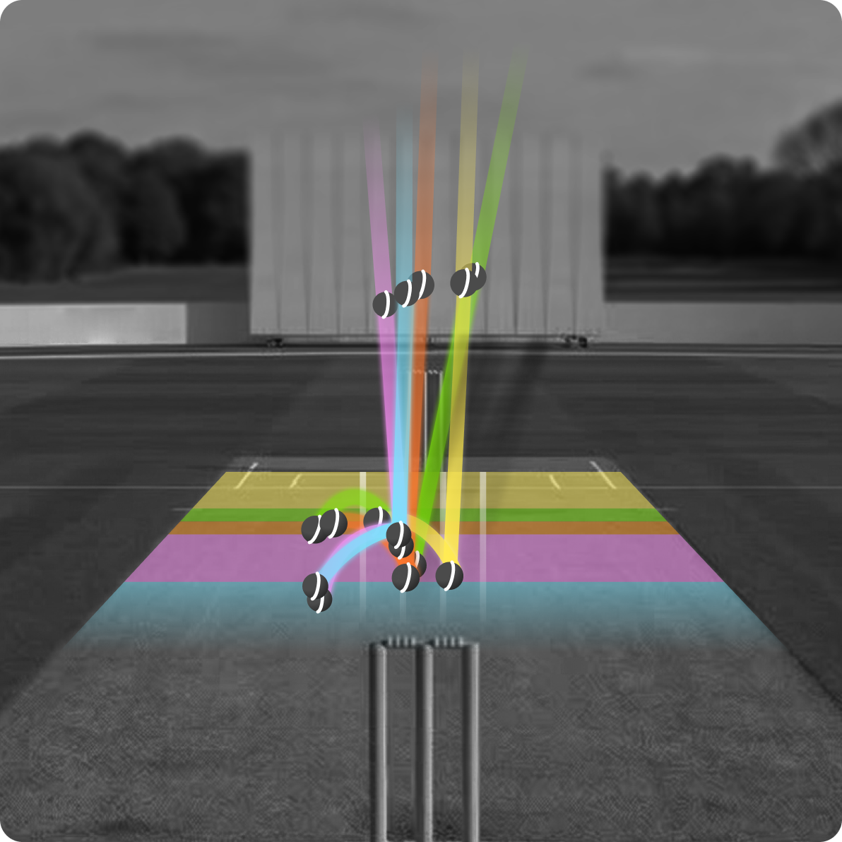 Graphic showing Vision AI ball trajectories on a vector illustration of a cricket pitch