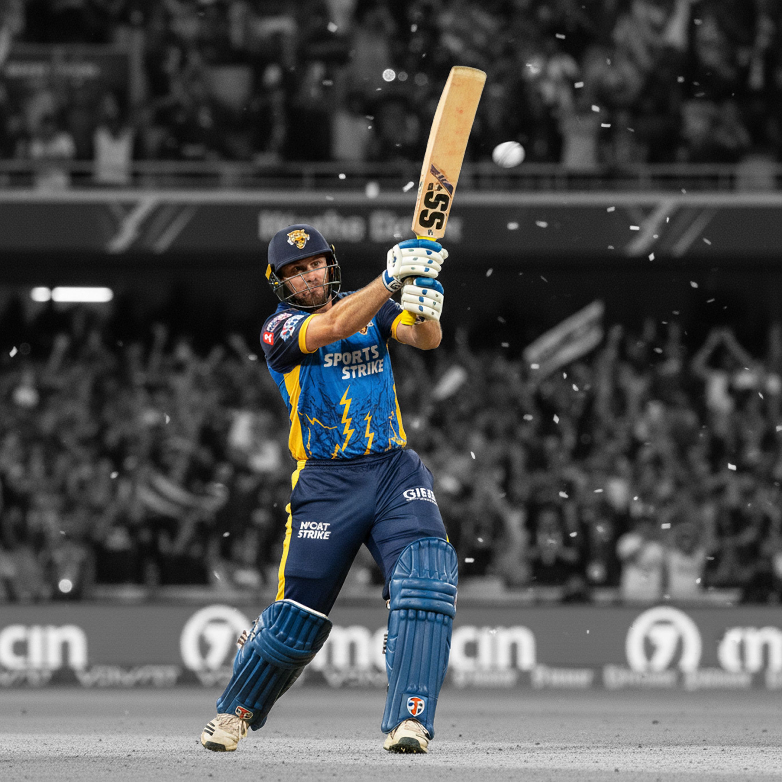 Professional male batter in blue in a crowded stadium hitting a ball