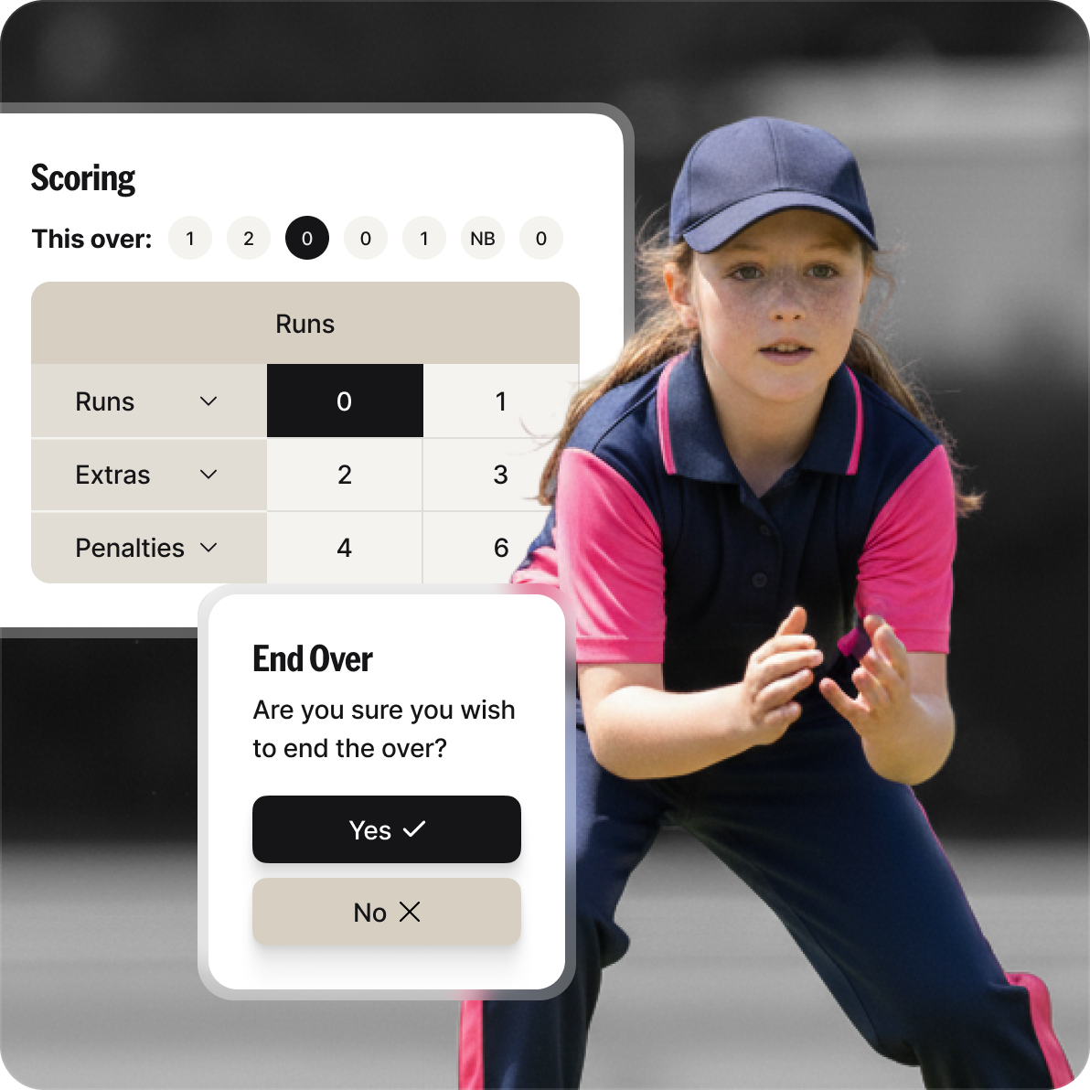 Simplified depiction of NV Play End Over check with image of young girl cricketer