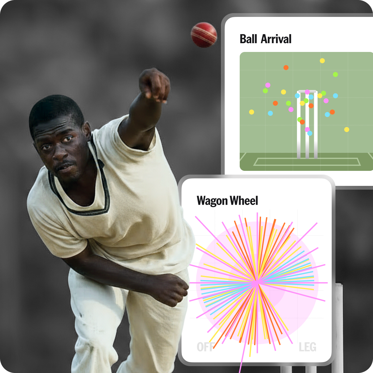 NV Play ball arrival and wagon wheel UI against a player mid-bowl in cricket whites