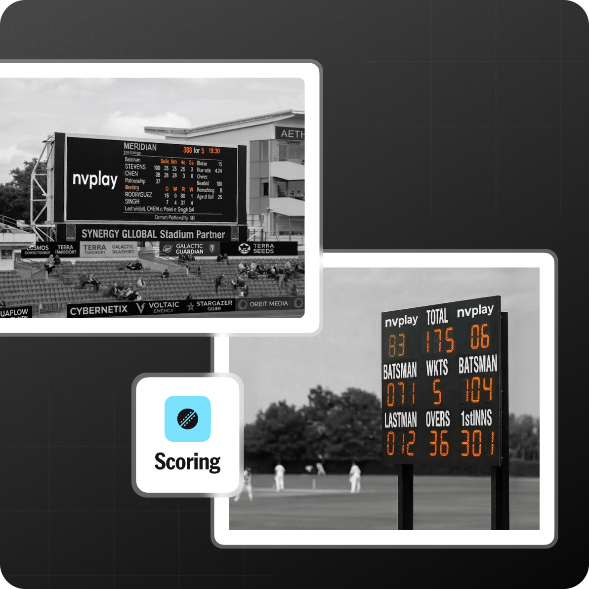 Stadium and recreational scoreboards with NV Play scoring icon to illustrate scale