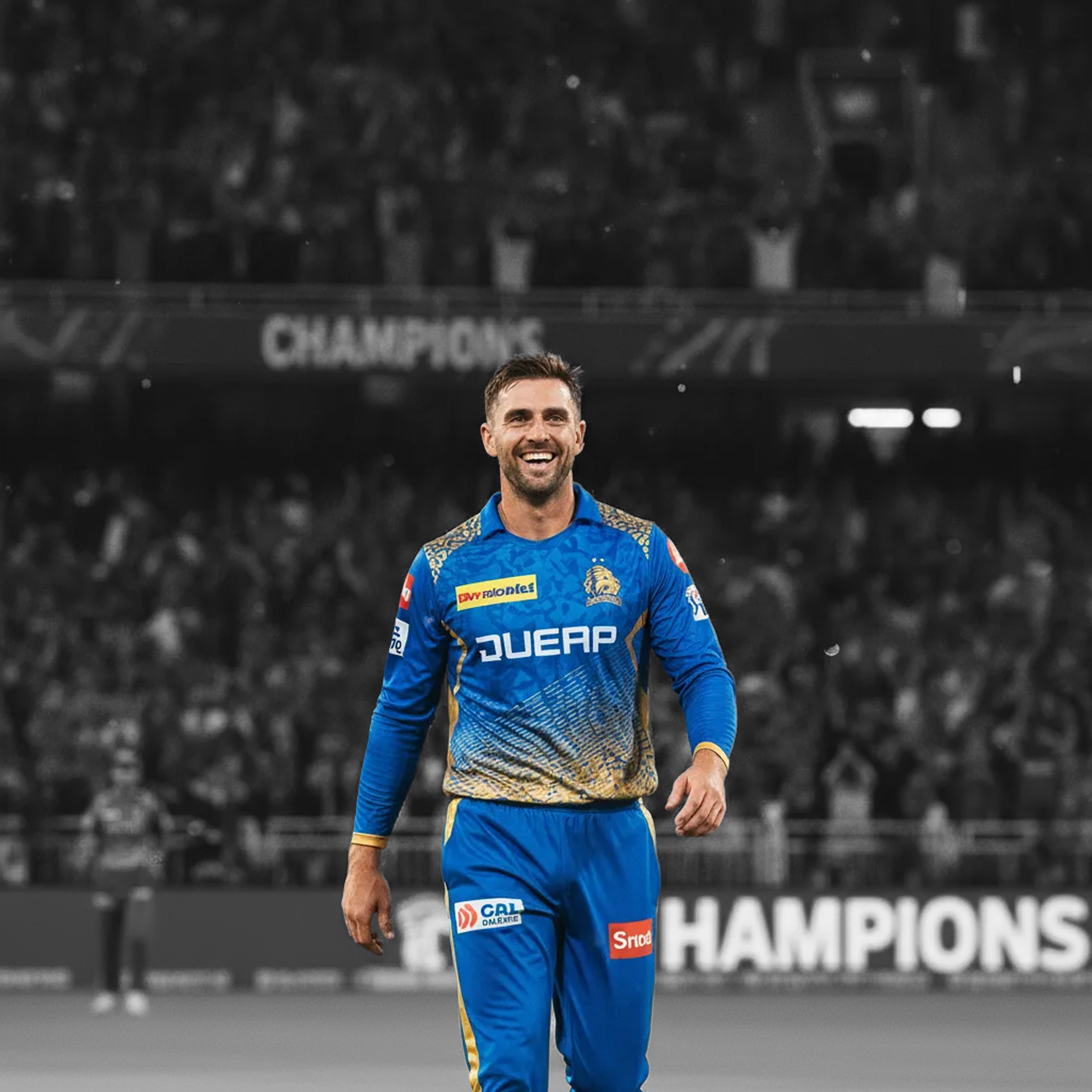Smiling pro cricketer walking through a crowded stadium with 'champions' in the background