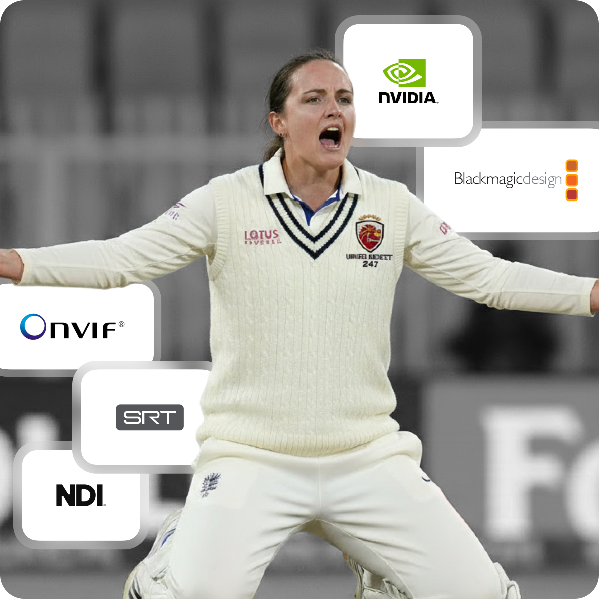 Celebrating female player in cricket whites surrounded by partner logos incl. NDI, SRT, NVIDIA 