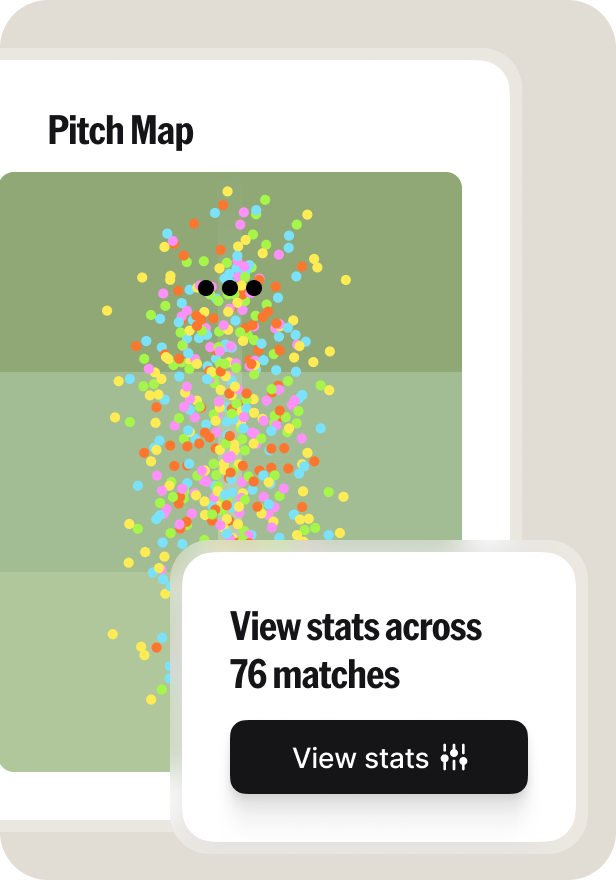NV Play UI showing stats across 76 matches pulled into a pitch map