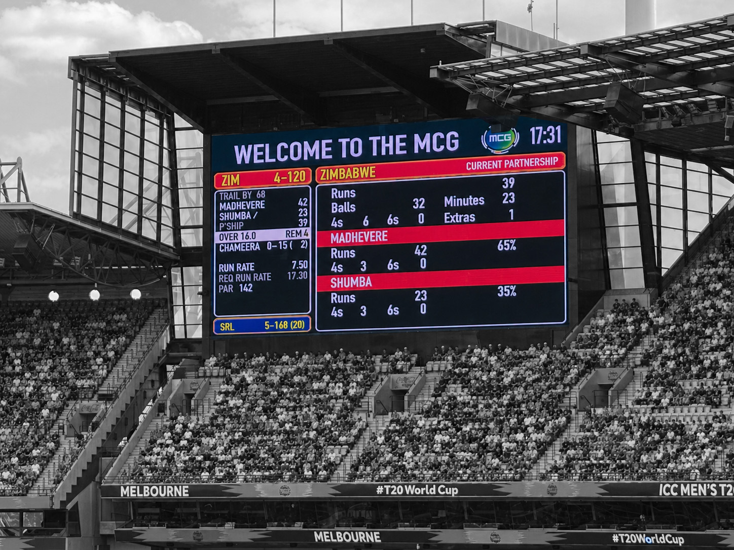 Scoreboard at the MCG powered by NV Play with full stadium crowd