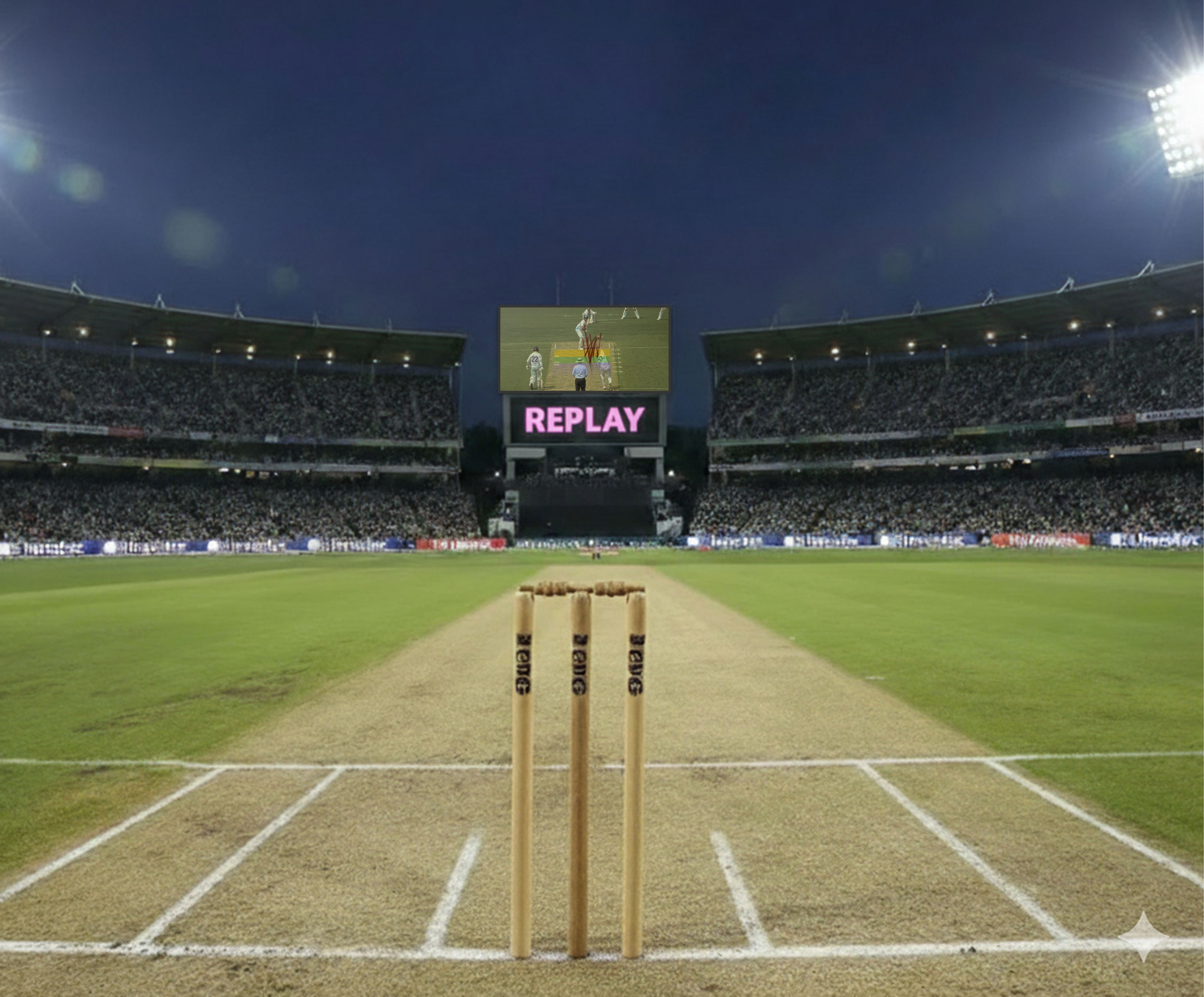 Large stadium with wicket in the foreground with replay screen in the background