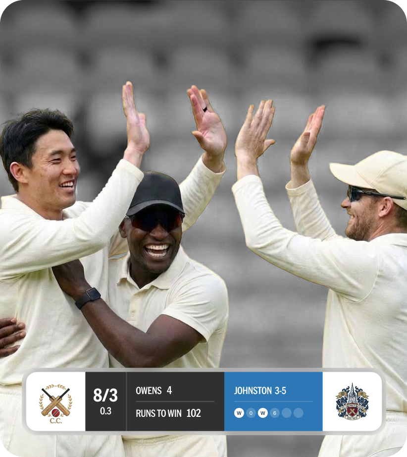 NV Play scoring graphic overlay over cricketers in club whites celebrating