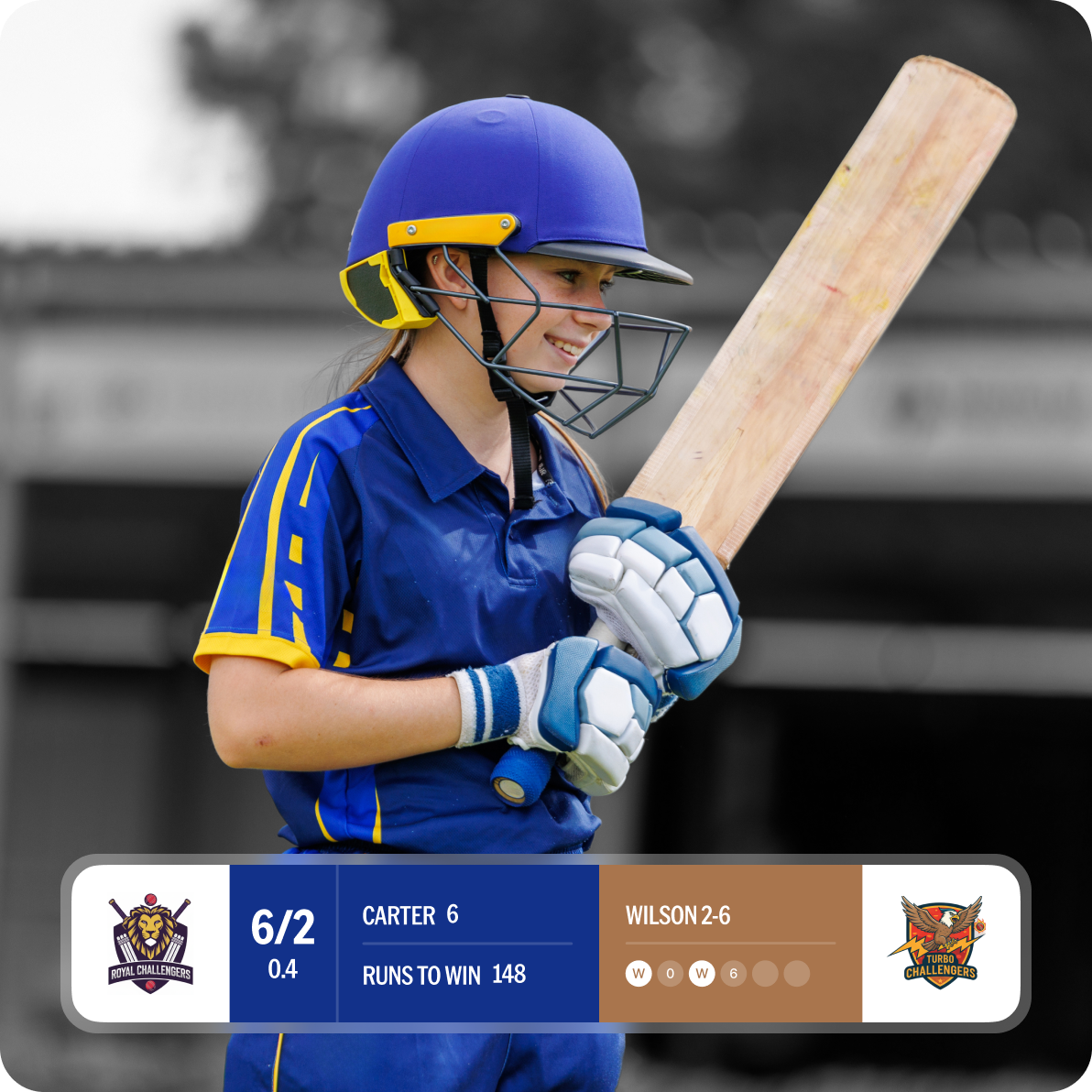 NV Play scoring graphics over a club cricketer girls team player