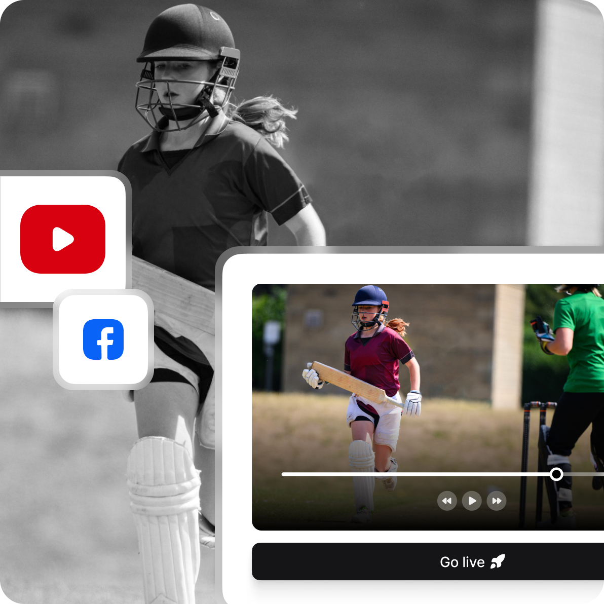 NV Play live stream UI showing school match with YouTube and Facebook logos
